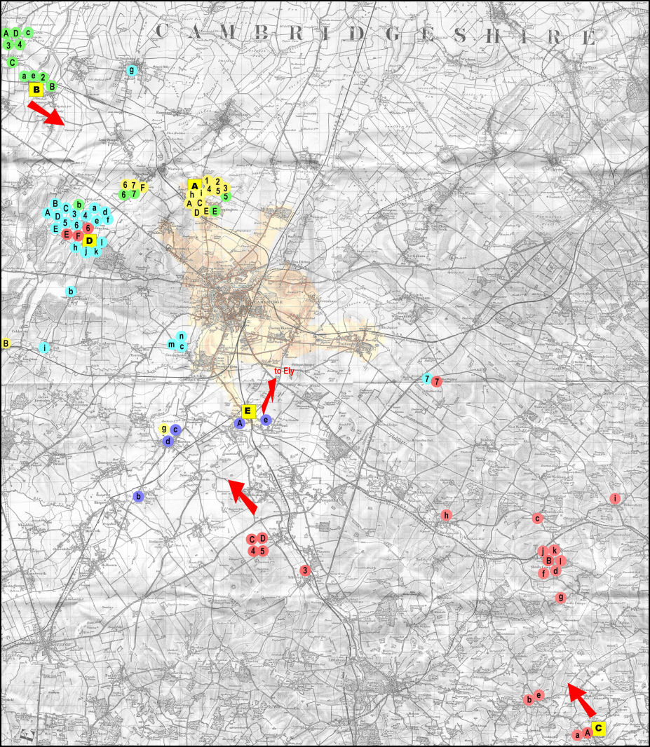 A MAP OF CAMBRIDGE AND THE SURROUNDING AREA IN 1898 depicting places of significance to the CORNWELL, MORTLOCK, REYNOLDS and ANABLE families in the late 19th and early 20th centuries.