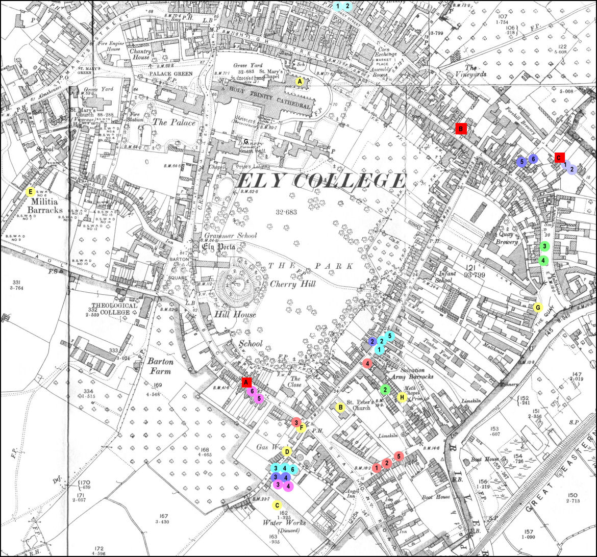 A MAP OF THE WATERSIDE AREA OF ELY depicting places of significance to the PAGE and CROSS families in the late 19th and early 20th Centuries.