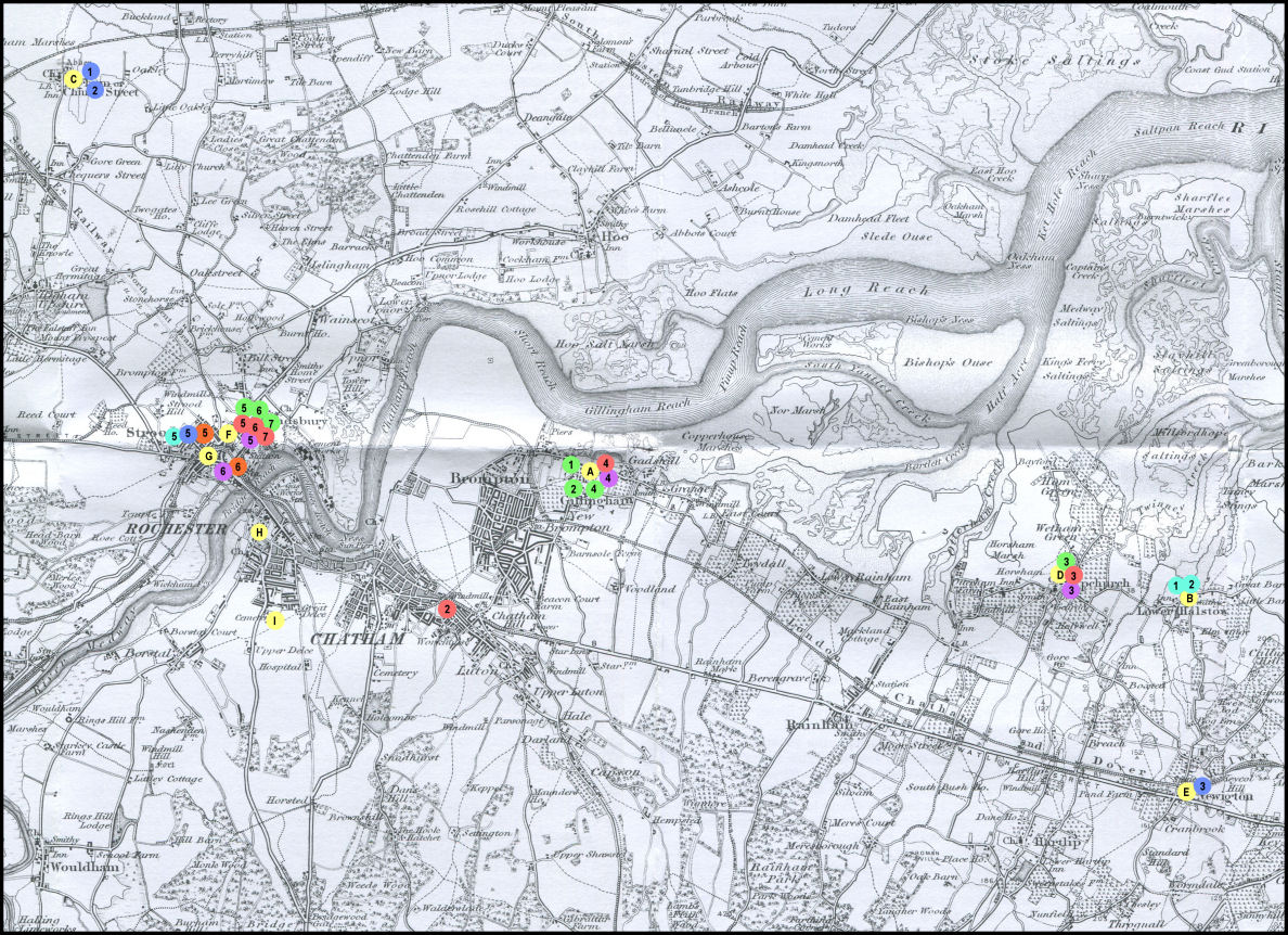 A MAP OF THE MEDWAY TOWNS AND SURROUNDING AREA IN KENT IN 1893 depicting places of significance to the KNOTT, WATERS, BOWLES and HARRELL families in the late 19th and early 20th Centuries 