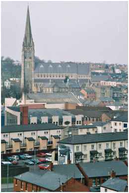 St Eugene and the Bogside from Derry walls. Note the murals below.